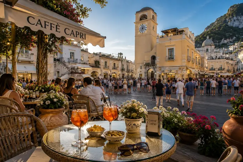 Caffè Capri na Piazzetta, com mesas ao ar livre, visitantes e a torre do relógio ao entardecer.