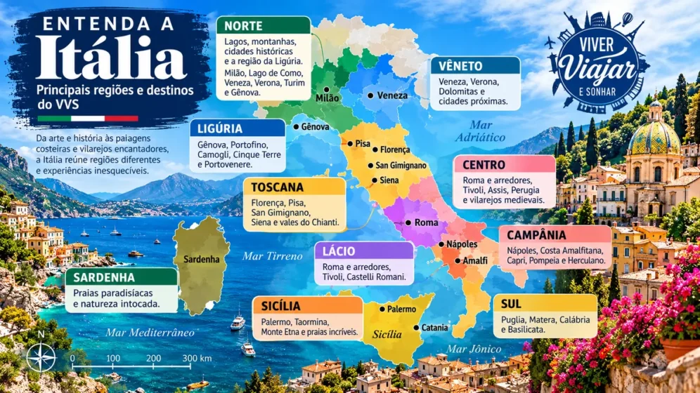 Mapa da Itália com principais regiões e destinos para planejar uma viagem