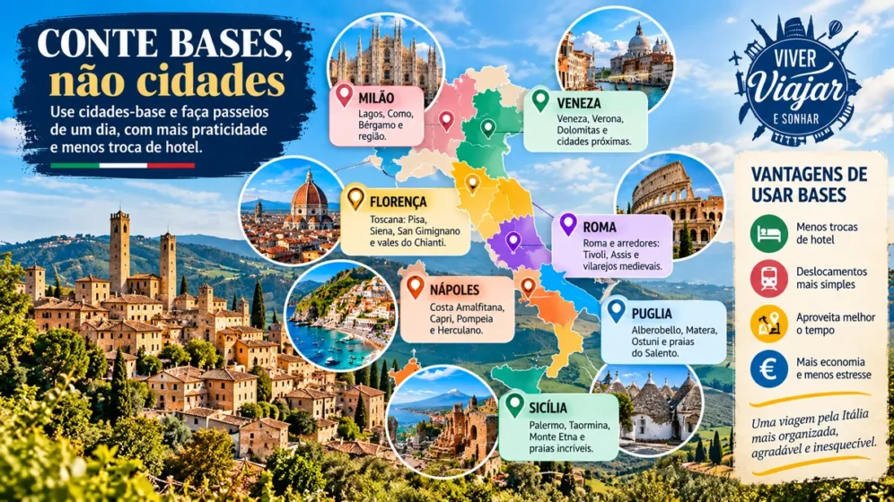 Mapa da Itália mostrando cidades-base para organizar o roteiro com menos trocas de hotel