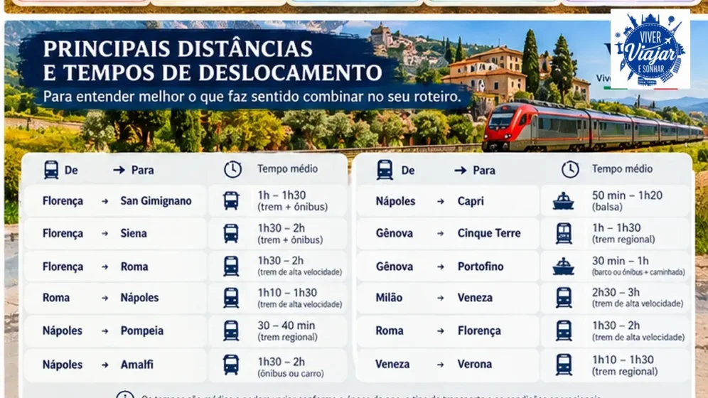 Distâncias e tempos de deslocamento entre cidades e destinos da Itália