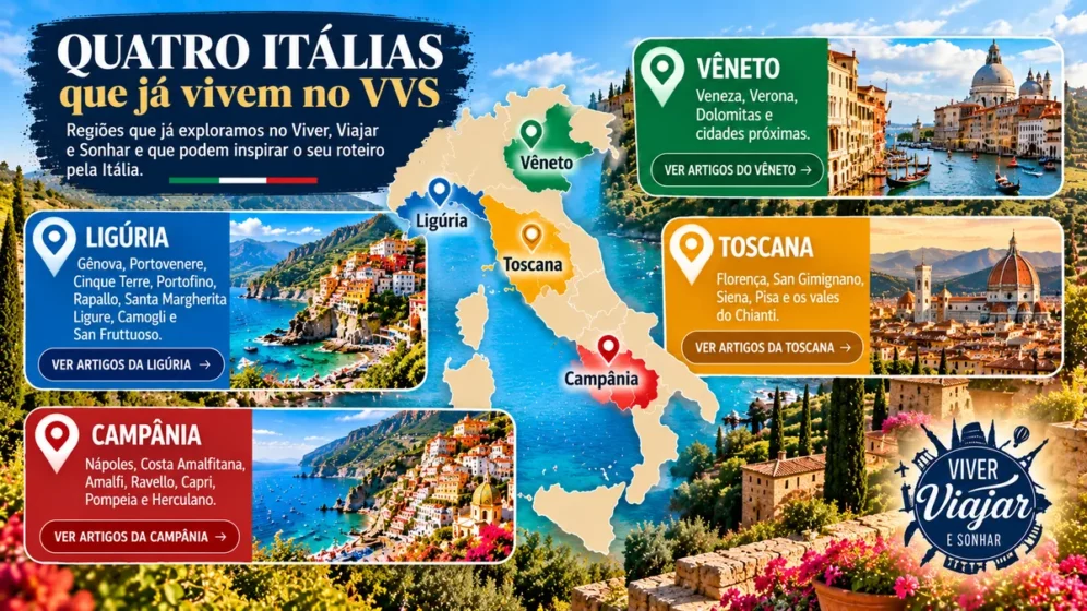 Mapa da Itália destacando Ligúria, Vêneto, Toscana e Campânia, regiões exploradas pelo Viver Viajar e Sonhar