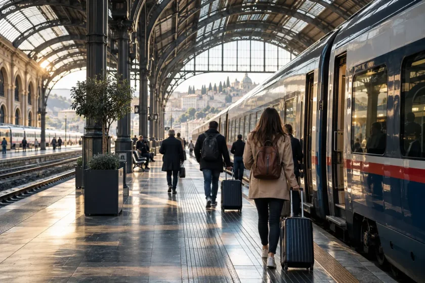 Plataforma de trem para deslocamento entre cidades na Itália